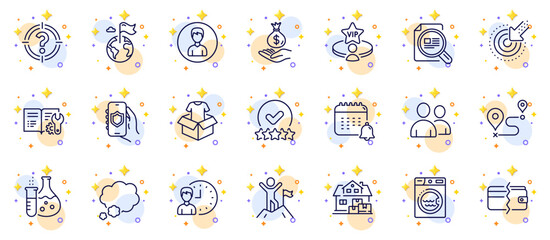 Outline set of Destination flag, Users and Calendar line icons for web app. Include Clothing, Working hours, Vip table pictogram icons. Laundry, Journey, Targeting signs. Talk bubble. Vector