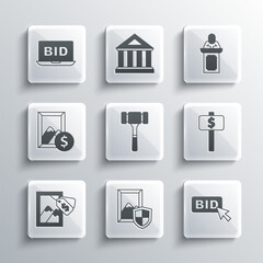 Set Auction painting, Bid, Hand holding auction paddle, hammer, Online and auctioneer sells icon. Vector