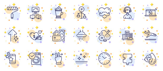 Outline set of Social care, Consultant and Clean skin line icons for web app. Include Father day, Best app, Buildings pictogram icons. Recycle water, Time, Money signs. Circles with 3d stars. Vector