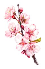 Watercolor illustration of beautiful sakura flowers isolated on white background. Branch with cherry blossom. Generative AI.