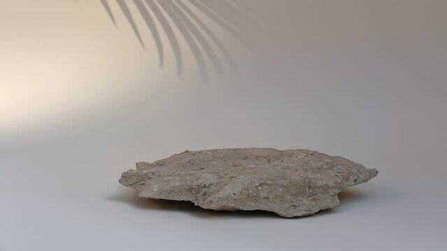 Podium for promotion cosmetics display case. Two Natural Stones. Beige beauty product pedestal, Background for Soap, Items presentation. Beauty product mockup. Tropics Palm Leaf shadow. Nude Tones Ad.