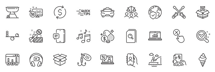 Fototapeta na wymiar Icons pack as Survey results, Headphones and Open box line icons for app include Fishing lure, Ice cream, Online statistics outline thin icon web set. Screwdriverl, Grill, Taxi pictogram. Vector