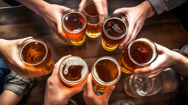 Beer Glasses Top-Down View, People hands toasting at brewery pub, happy hour at the bar party - Social gathering party time concept