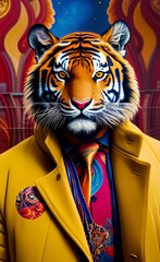 A tiger wearing a yellow jacket