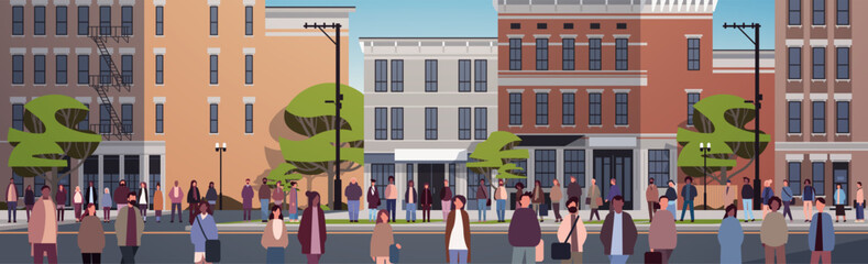 Obraz premium multiethnic people group walking outdoor mix race men women citizens crowd going along city street cityscape