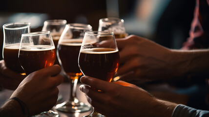 Beer Glasses, People hands toasting at brewery pub, happy hour at the bar party - Social gathering party time concept