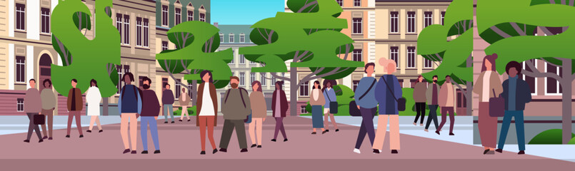 multiethnic people group walking outdoor mix race men women citizens crowd going along city street cityscape