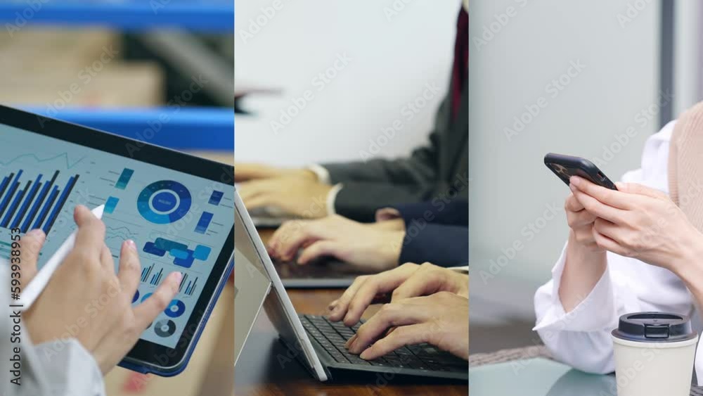 Poster collage movie of group of people using mobile devices concept. transition from white background.