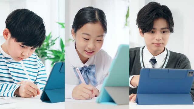 タブレットで勉強する小中学生・高校生　eラーニング　白バックからのトランジション