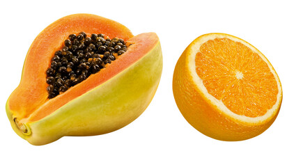 composição com mamão papaia cortado acompanhado de laranja cortada em fundo transparente - fruta...