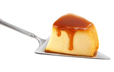 Espátula com deliciosa fatia de pudim de leite condensado com calda de caramelo - pudim de baunilha com calda de açúcar queimado