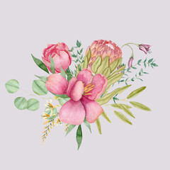 Ilustração floral jardim romântico rosa com peônia e tulipa