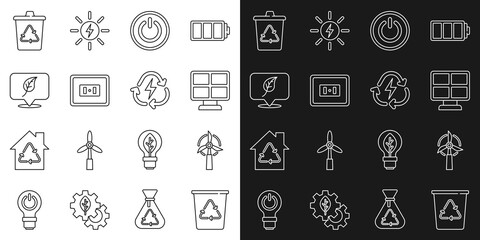 Set line Recycle bin with recycle, Wind turbine, Solar energy panel, Power button, Electrical outlet, Location leaf, and Battery icon. Vector