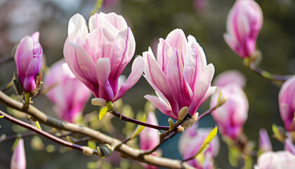 Pink spring magnolia flowers branch pink flowers , Ai generated 