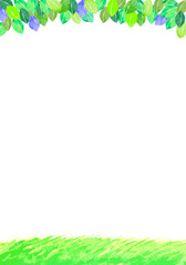 水彩の緑の葉と草原の縦型フレーム