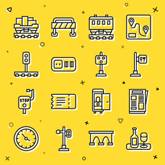 Set line Wine bottle with glass, News, Cafe and restaurant location, Passenger train cars, Electrical outlet, Train traffic light, Cargo wagon and icon. Vector