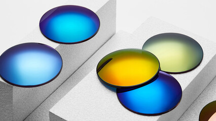 Lenses of glasses, sunglasses lenses of various colors, glass optical lenses taken separately, brochure pictures