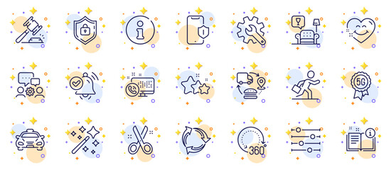 Outline set of Stars, 360 degrees and Notification received line icons for web app. Include Cut, Manual, 5g technology pictogram icons. Smile face, Engineering team, Auction hammer signs. Vector