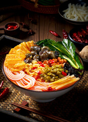 Picture of Luosifen or rice noodles with snail,Liuzhou river snails rice noodle,Special food in Liuzhou, Guangxi, China