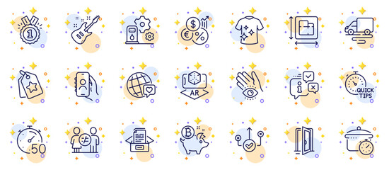Outline set of User call, Clean t-shirt and Delivery route line icons for web app. Include Approved, Open door, Documents box pictogram icons. Boiling pan, Meditation eye, Info signs. Vector