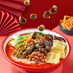 Picture of Luosifen or rice noodles with snail,Liuzhou river snails rice noodle,Special food in Liuzhou, Guangxi, China