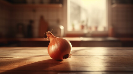 onion on the wooden table in a kitchen, generated by ai
