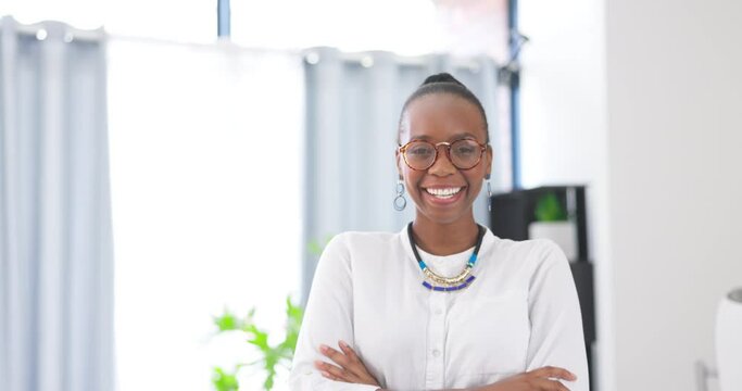 Laughing, business and face of black woman with arms crossed in office with pride for career. Portrait, female entrepreneur and confident, funny or professional person from South Africa with glasses.