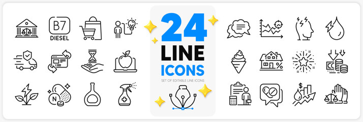Icons set of Medical drugs, Court jury and Vitamin n line icons pack for app with Eco power, Accounting, Transport insurance thin outline icon. Cognac bottle, Stress, Ice cream pictogram. Vector