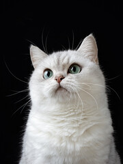 Indoor photography closeup shot of white cat with black clean background, super high definition