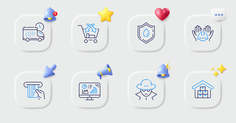 Analytics graph, Cross sell and Delivery line icons. Buttons with 3d bell, chat speech, cursor. Pack of Credit card, Wholesale goods, Blood donation icon. Builders union, Fraud pictogram. Vector