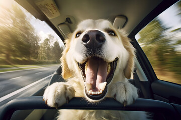 the excitement of a dog traveling in the back seat of a car. Its head out of the car window, tongue lolling out of its mouth, and a big smile on its face.