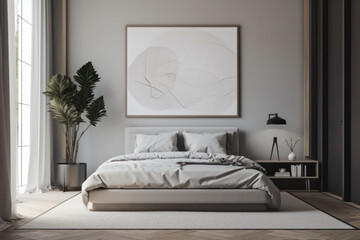 A modern bedroom with a mockup poster frame on a white wall, surrounded by accessories and greenery. The lighting and cozy bedding make the atmosphere peaceful. This mockup is AI generative.