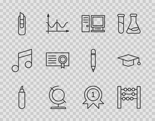 Set line Marker pen, Abacus, Computer monitor, Earth globe, Stationery knife, Certificate template, Medal and Graduation cap icon. Vector