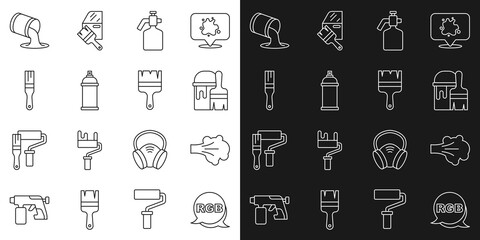 Set line RGB, Paint spray, bucket with brush, gun, can, and icon. Vector