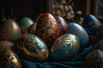 colored and beautifully decorated easter eggs. Generative AI