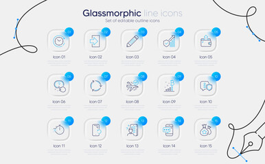 Set of Survey, Cooking timer and Phone password line icons for web app. Time change, Smartphone recovery, Shield icons. Question button, Bitcoin graph, Recycling signs. Wallet, Login. Vector