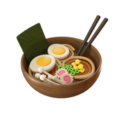 ramen soup with noodles, eggs and vegetables in bowl isolated on white background. 3d rendering illustration