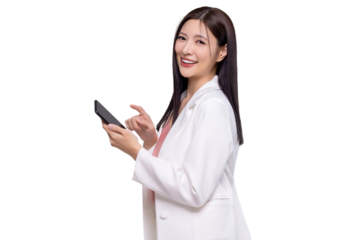 Beautiful Asian business woman holding smartphone mockup with blank screen isolated on transparent background, PNG file format.
