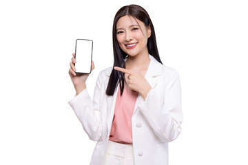 Beautiful Asian business woman holding smartphone mockup with blank screen isolated on transparent...