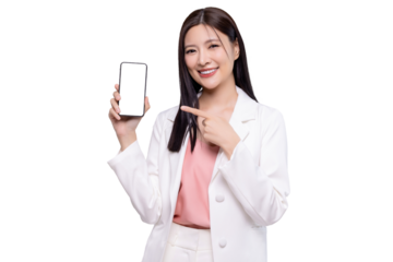 Beautiful Asian business woman holding smartphone mockup with blank screen isolated on transparent background, PNG file format.