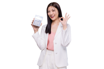 Young Asian woman feel happy with OK hand signal hold in hands calculator isolated on transparent background, PNG file format.