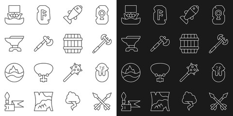 Set line Medieval arrows, Viking head, poleaxe, Fish, Wooden, Anvil for blacksmithing, ship Drakkar and barrel icon. Vector