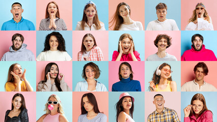 Human emotions. Collage of diverse people, men and women expressing different emotions over...