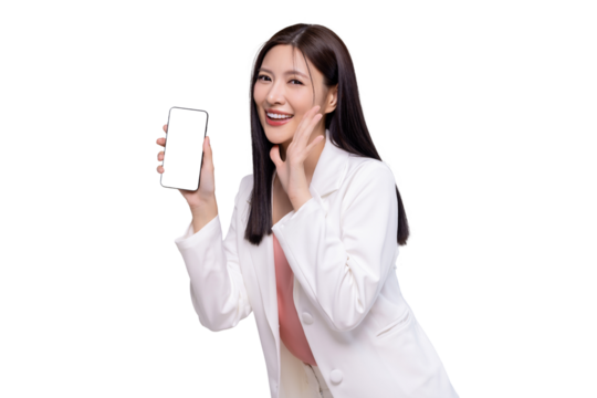 Beautiful Asian business woman holding smartphone mockup with blank screen isolated on transparent background, PNG file format.
