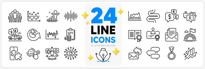 Icons set of Share idea, Talk bubble and Group line icons pack for app with Phone puzzle, Artificial intelligence, Pickup thin outline icon. Trade chart, Stock analysis, Winner pictogram. Vector