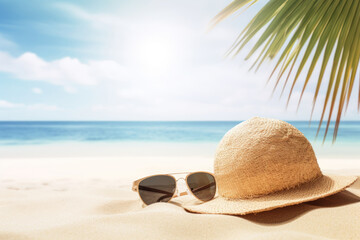 Fototapeta na wymiar Summer vacation. Hat and sunglasses on sand beach with blue sky background. Generative ai.