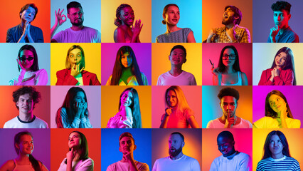 Fototapeta na wymiar Collage of large group of ethnically diverse pensive, doubtful people, men and women expressing uncertain emotions over neon background. Multiracial society