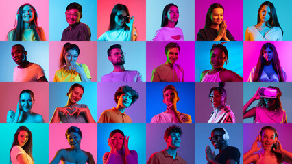 Fototapeta na wymiar Collage of large group of ethnically diverse smiling people, men and women expressing cheerful emotions over neon background. Multiracial happy society