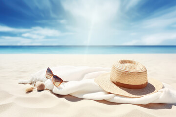Fototapeta na wymiar Summer vacation. Hat and sunglasses on sand beach with blue sky background. Generative ai.