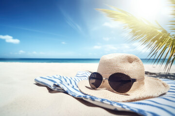 Summer vacation. Hat and sunglasses on sand beach with blue sky background. Generative ai.